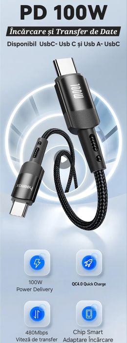 Cabluri 120W/100W. Încărcare+Transfer Date. UsbA și UsbC. Ranforsate.