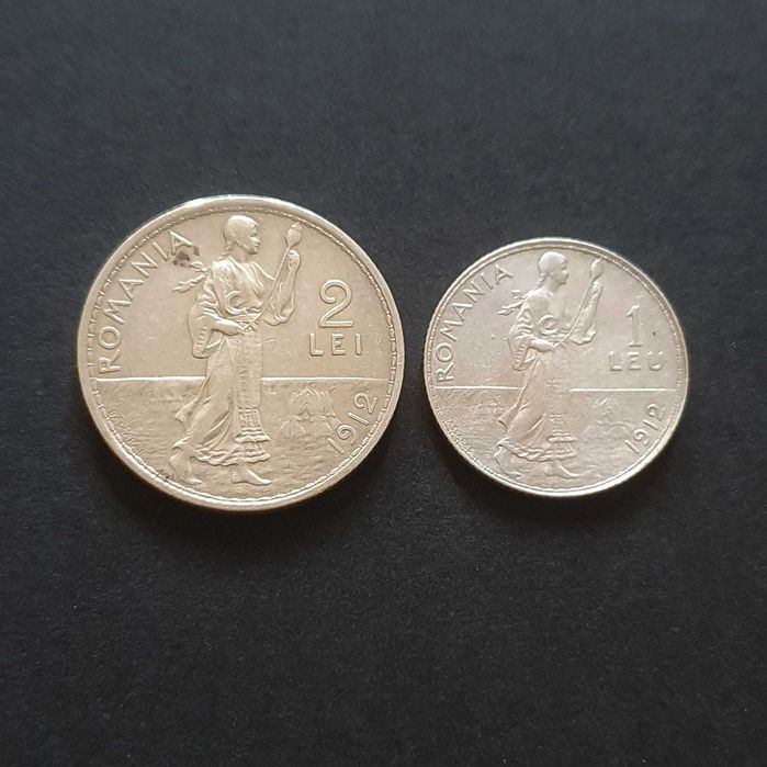 Moneda argint, set 1 si 2 lei 1912, Regele Carol.