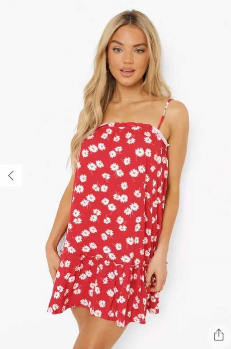 Rochie vara, scurta, rosu cu floricele albe, S