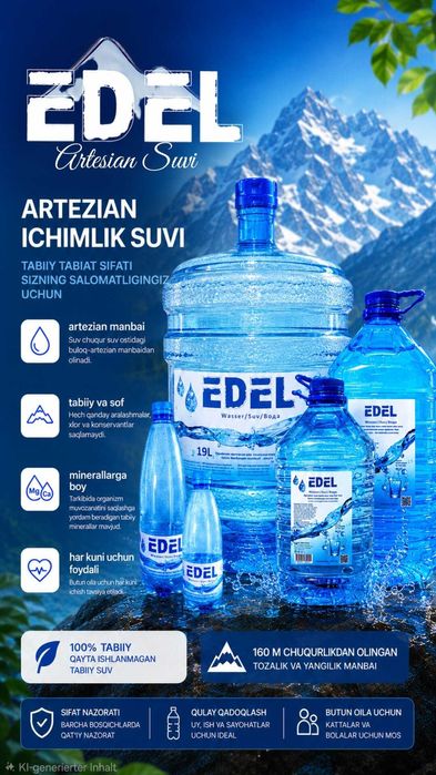 Доставка воды "EDEL" Вода Artesian. Suvi, Suv 19 л, Артезианская вода,