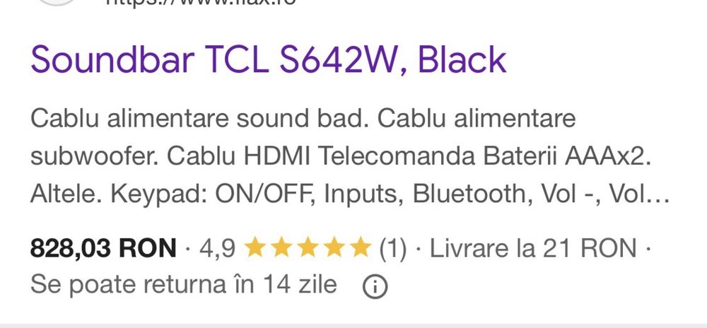 Soundbar TCL S642W 2.1 200W Bluetooth 5.3 DTS Virtual X Dolby Subwoofer Wireless HDMI ARC