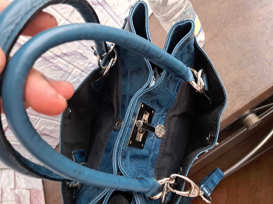 дамска чанта,кожена синя чанта-естествена кожа