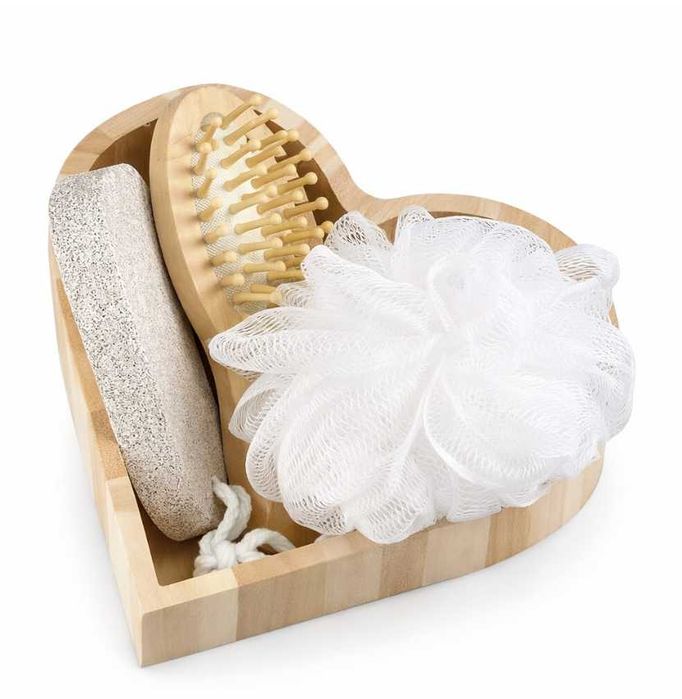 Set baie spa 4 piese, suport lemn inima, perie masaj, piatra ponce, burete baie, 14x15 cm