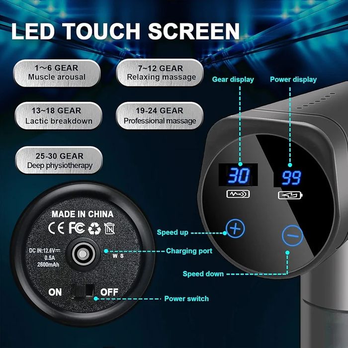 Масажен пистолет, 12 глави, 30 скорости, LCD екран, 6 часа автономност