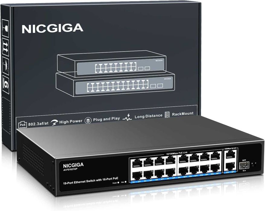Switch retea ethernet NICGIGA AI-FS1621GP 16 port neadministrat PoE+ 250W,2 port Gigabit Uplink,1 port SFP mod VLAN,montare rack 19 inch,Plug and Play