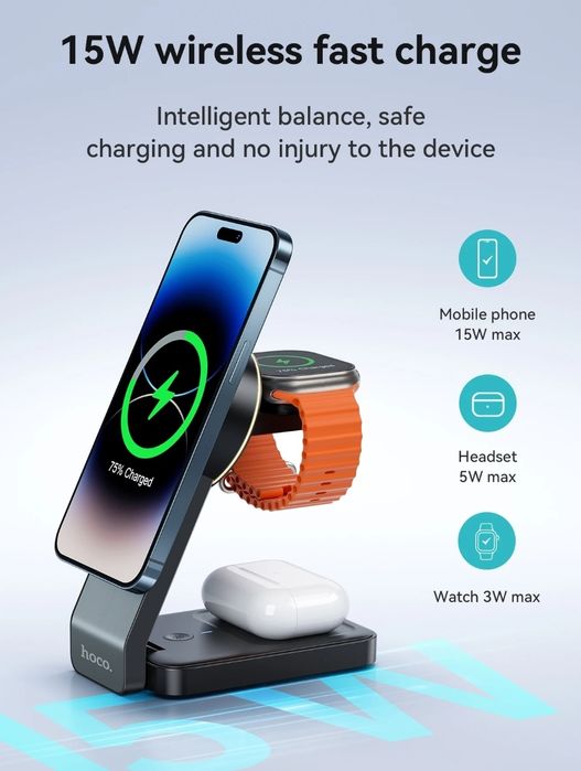 Hoco CQ3 Док-станция 3 в 1 Magnetic 30W iPhone 15/ 16 iWatch AirPods