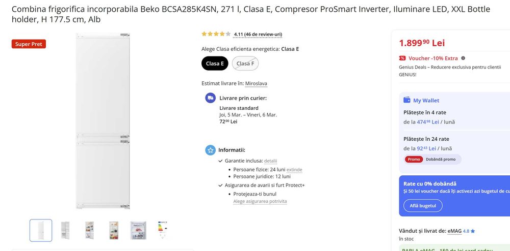 Combina frigorifica incorporabila Beko BCSA285K4SN, 271 l, Clasa E