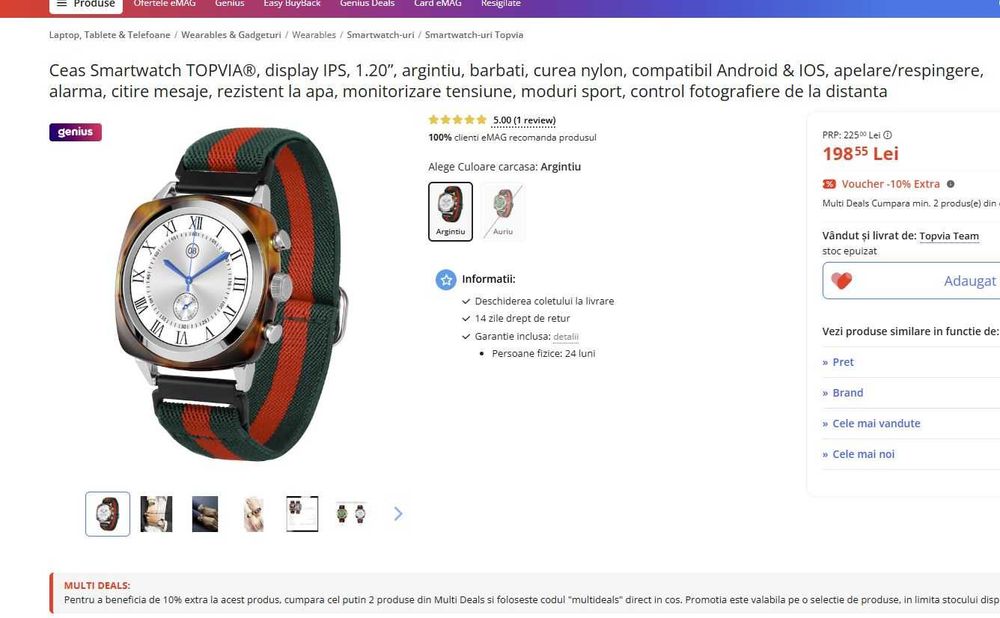 Ceas Smartwatch Emag TOPVIA®, display IPS, 1.20”, auriu si argintiu