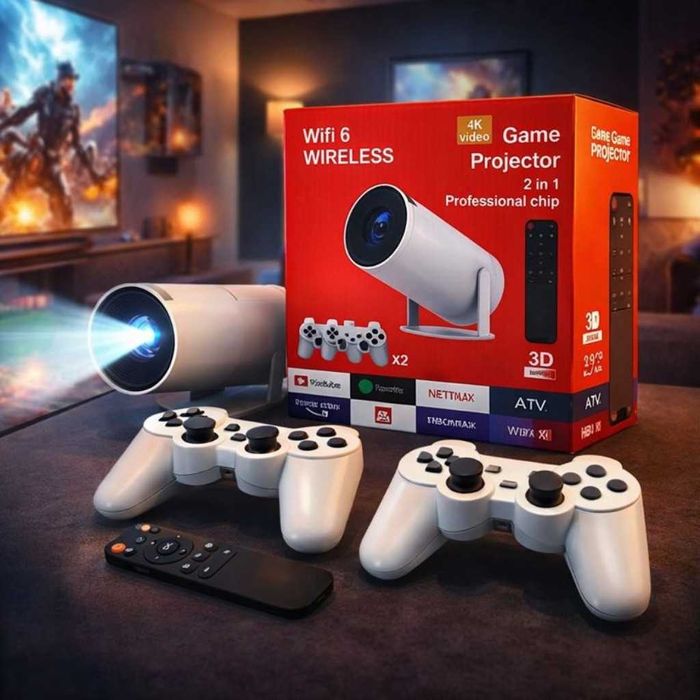 Интелигентен видео проектор 4K с два геймпада, Android TV 11 и WiFi 6