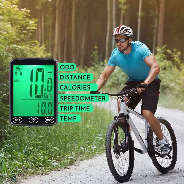 Велокомпютър с 25 функции, Водоустойчив, LED подсветка, LCD 39х48мм.