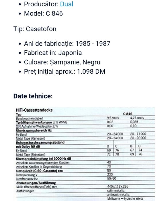 Casetofon deck DUAL C846, 3 head, dual capstan, 2 speed, japan ,metal