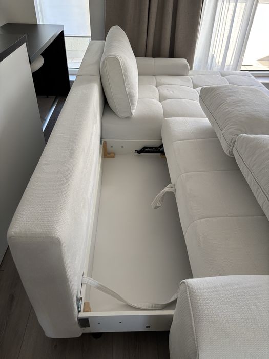 Coltar extensibil alb/beige, 290x175x85 cm din stofa aragon