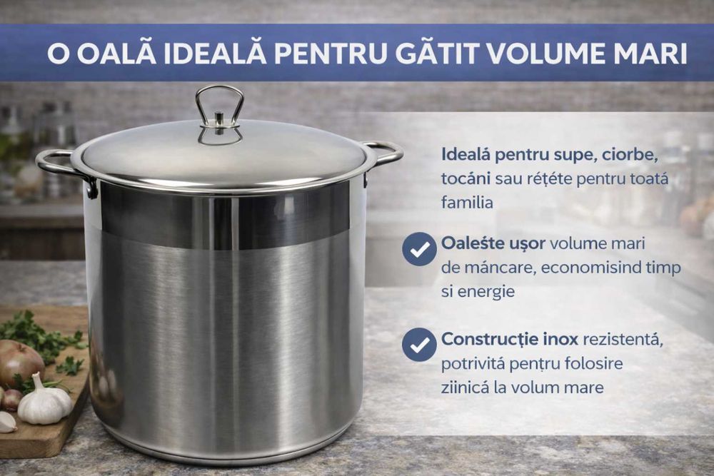 Oala inox 26 litri capac mare pentru gatit cantitati mari