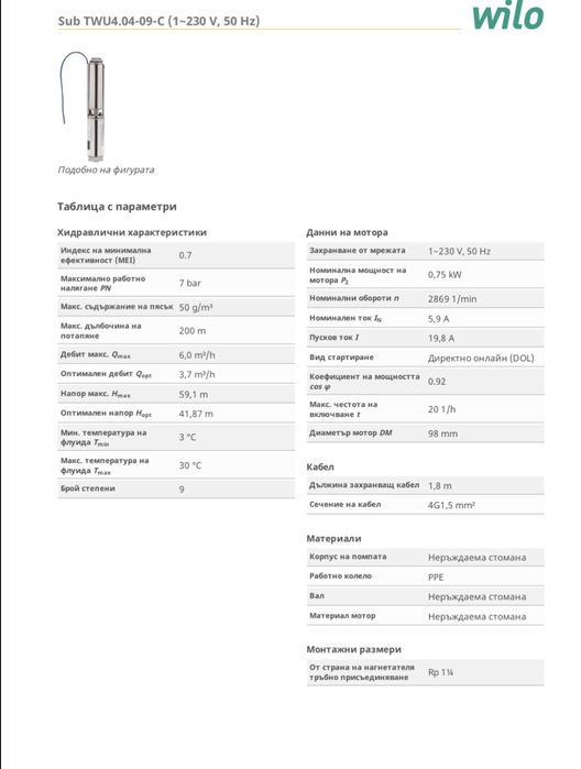 Wilo-Sub TWU 4-0409-EM 1~220V потопяема помпа