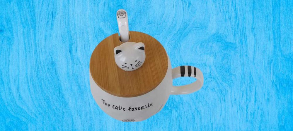 Cana ceramica cu lingurita si capac bambus, Cat's Favorite, 300 ml