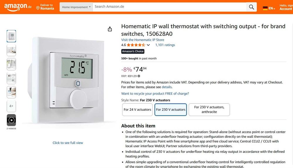 Termostat de perete Homematic IP cu ieșire de comutare 150628A0