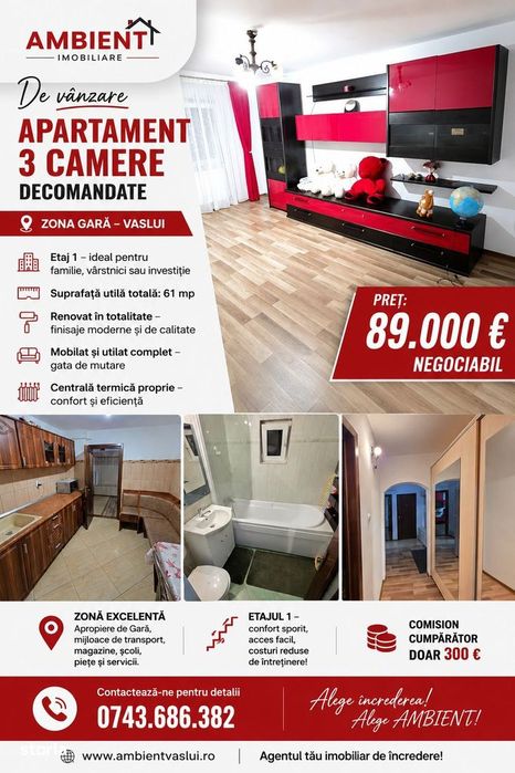 Apartament 3 camere, etaj 1, mobilat și utilat, zona GARĂ;