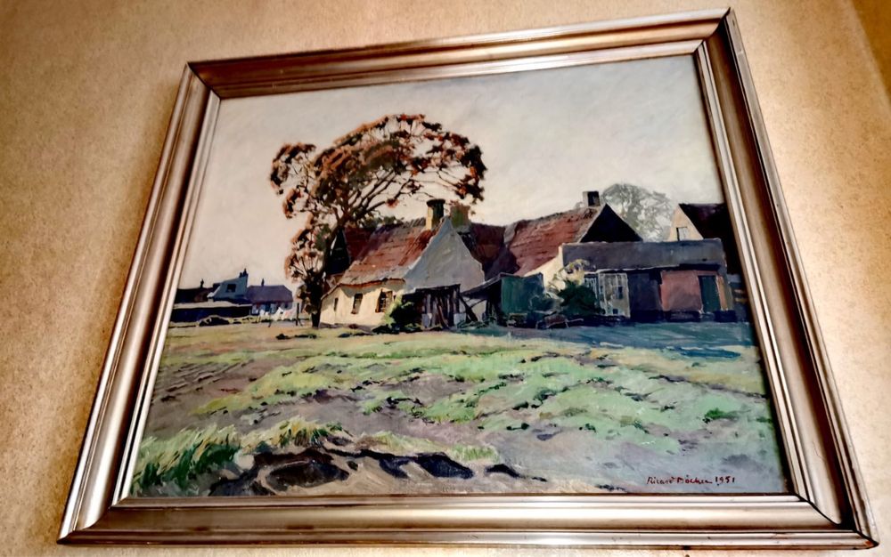 Картина платно рамка паспарту пейзаж селска къща авторска подписана