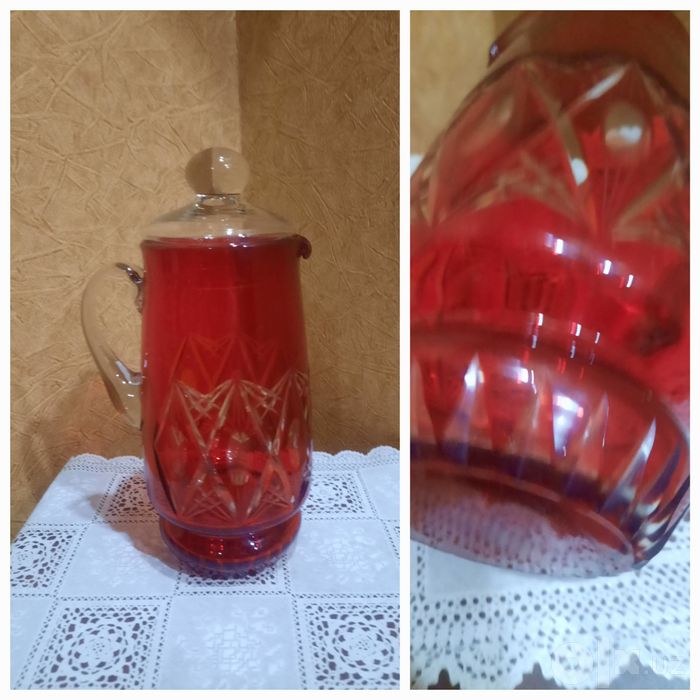 Рубиновый хрусталь. Красивый, винтажный графин с крышкой. В идеальном