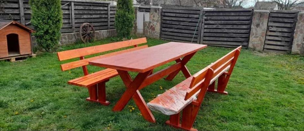 Set mobilier gradina lemn masiv masa și 2 bănci, nuanță stejar