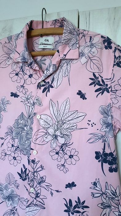 C&A M cămașă bărbat florală roz cu gri slim fit vâscoză bumbac vară casual modern