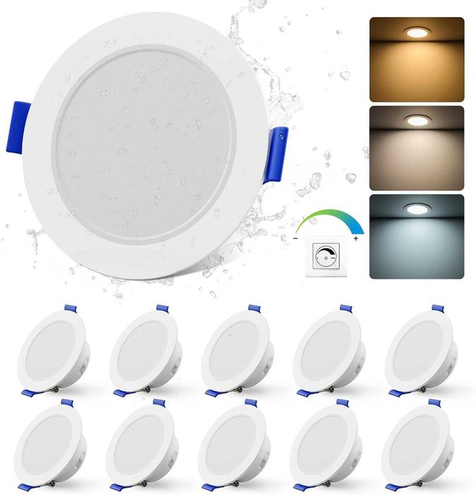 Комплект вградени лунички LED панел/спот лампи за таван (ултратънки), IP65, 3 цветни температури, димиращи