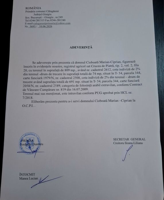 Proprietar, Teren de vanzare, Calugareni, Giurgiu, 809 mp
