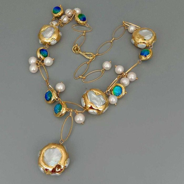 Colier statement perle naturale placate cu aur si sticla Murano