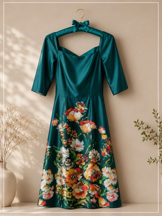 Rochie elegantă verde smarald cu imprimeu floral – tafta