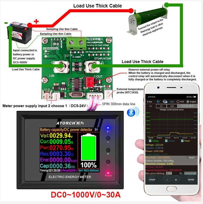 tester capacitate baterii DT24P 1000V/30A aplicație bluetooth afișaj