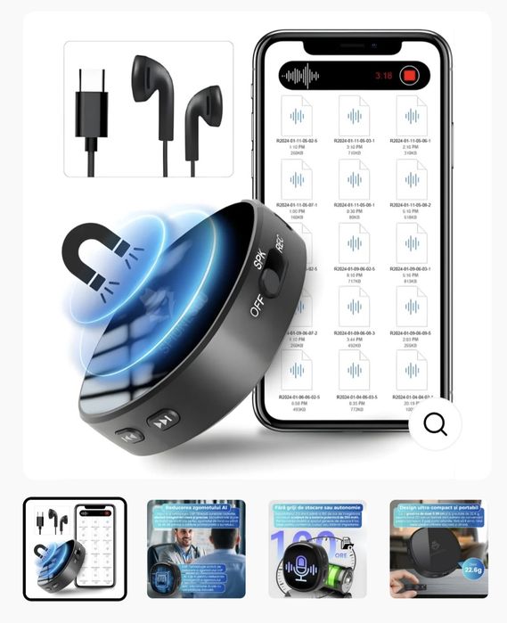 Mini reportofon magnetic cu microfon ascuns, activare vocala, MP3 Player