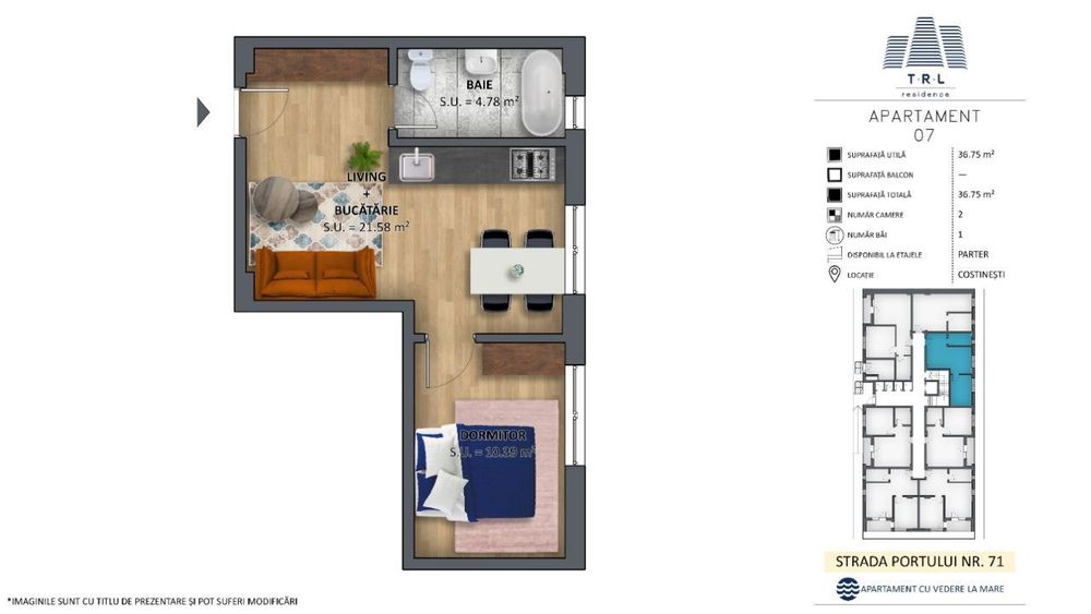 Apartament 07, 2 camere,prima linie cu vedere la mare,Costinesti-Epava
