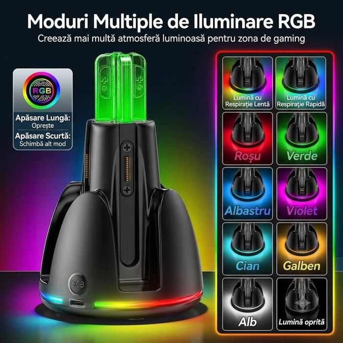Stand de incărcare pentru controllere Nintendo Switch 2, Iluminare RGB, cablu USB-C inclus, negru