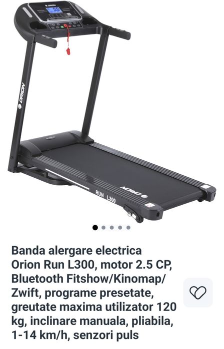 Banda alergare electrica Orion Run L300, motor 2.5 CP, Bluetooth Fitshow/Kinomap/Zwift, programe presetate, greutate maxima utilizator 120 kg