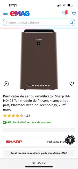 Purificator de aer cu umidificator Sharp UA-HD40E-T