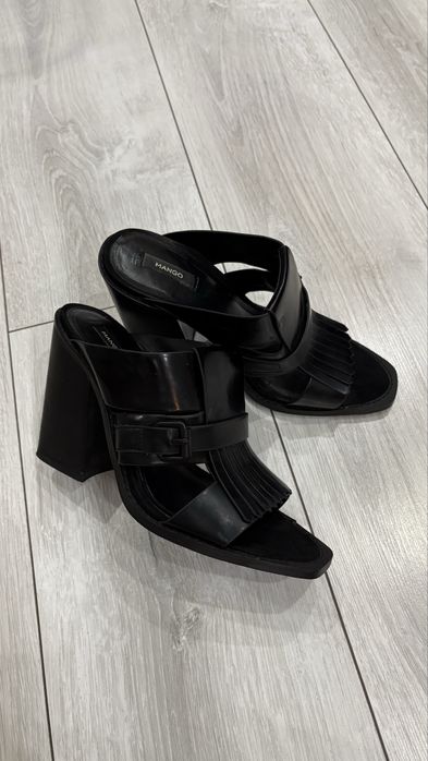 Дамски чехли естествена кожа дебел ток