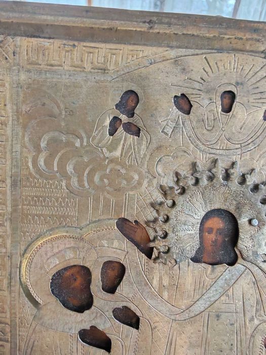 Icoană ortodoxă sec. XIX, riză alamă argintata gravată, 18x15 cm