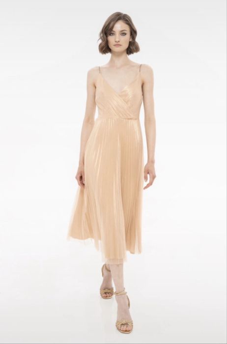 Rochie Nissa midi cu pliuri si bretele, auriu S