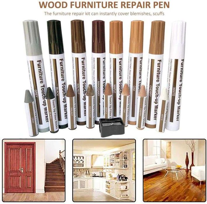 Set Reparare Zgarieturi Mobilier din Lemn 8 Markere + 8 Creioane Ceara
