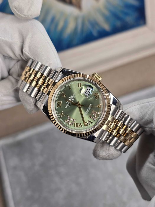 Rolex Datejust Two Tone Gold Steel Fluted Olive Green Roman Diamond Dial Jubilee 31mm