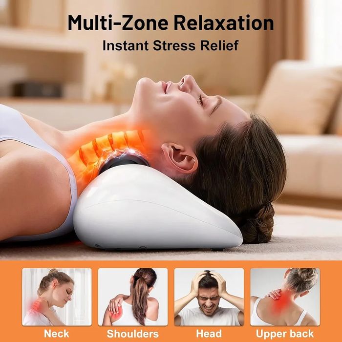 Aparat masaj cervical 3-in-1 EPROICKS: incalzire, vibratii, tractiune, fara fir, USB, 3 moduri, 9 trepte.