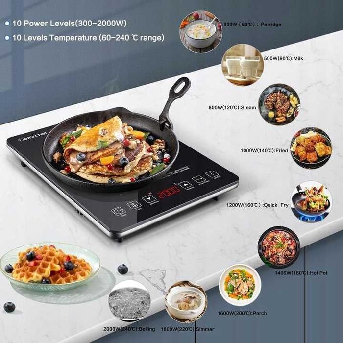 Plita electrica Amzchef, compacta, 2000W, 10 trepte de putere, neagra