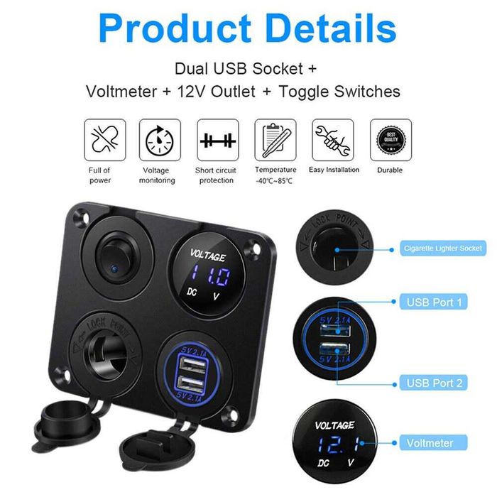 Панел за вграждане с 5 бутона, USB, 12V и волтметър
