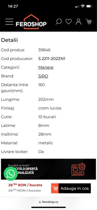 Manere metalice mobila - crom lucios 20cm lungime