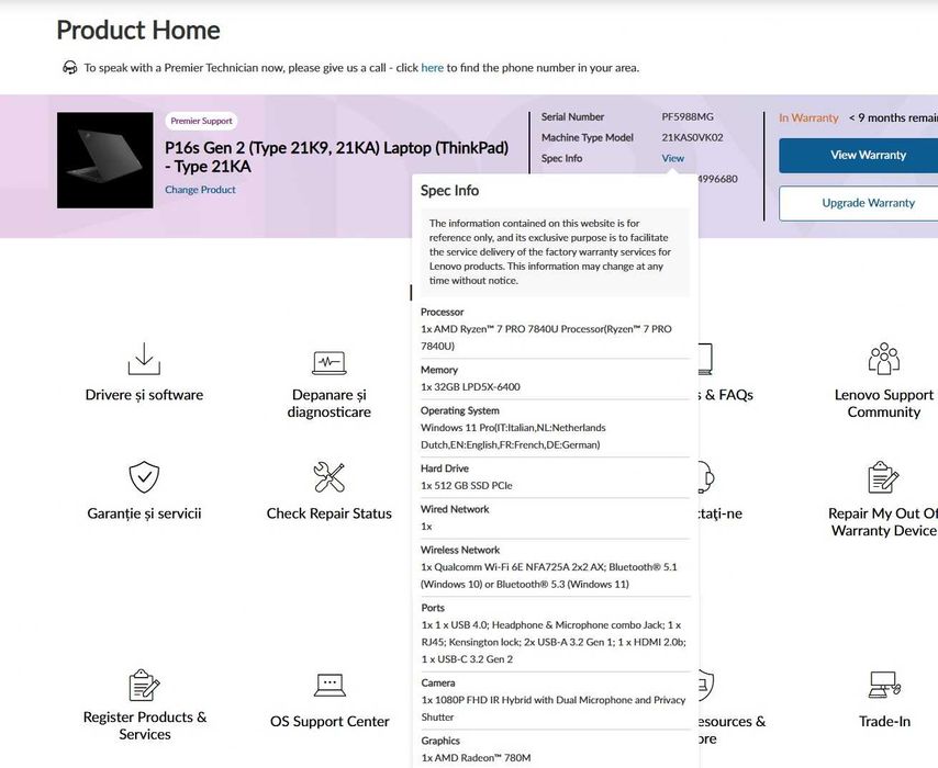 Laptop Lenovo ThinkPad P16s Gen 2 cu  Ryzen 7 7840U , 32 gb ddr5 – nou