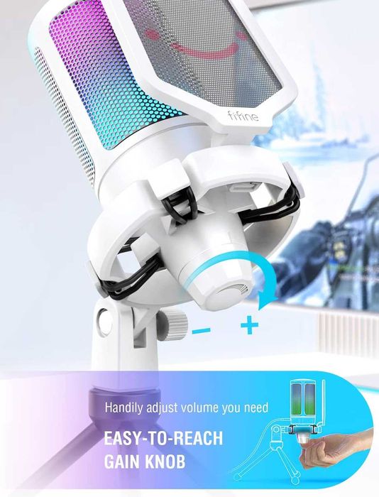 Mикрофон FIFINE A2 с RGB подсветка + стойка, USB Type-C, Бял
