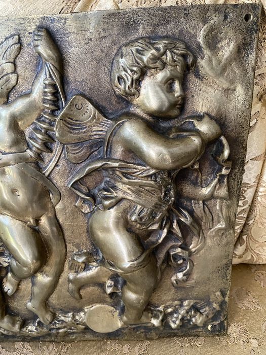 Placa Bronz Masiv Basorelief Ingerasi Amorasi Tablou Vintage Sculptura