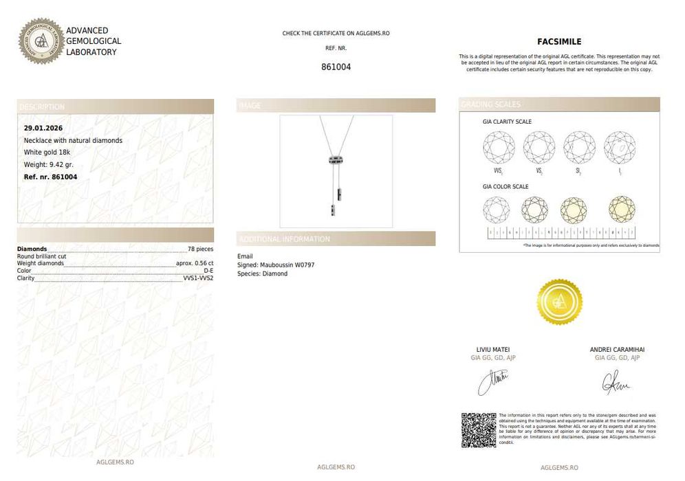 Colier reglabil Mauboussin din aur alb, colecția Le Vice et la Vertu, decorat cu email și diamante, însoțit de certificat de autenticitate