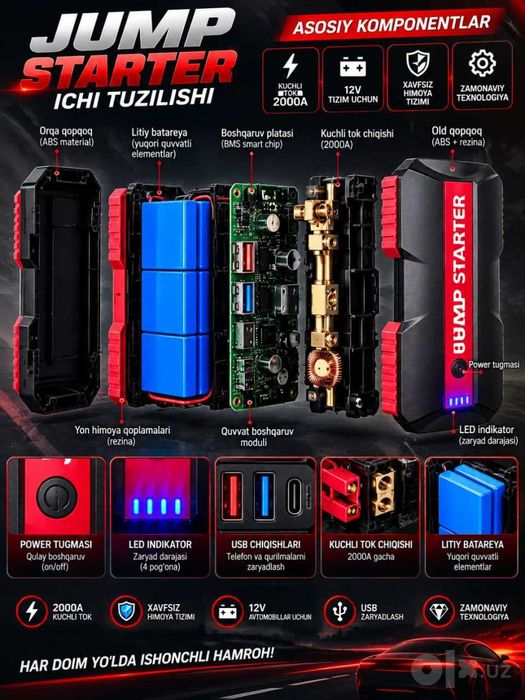 Akkumuliyator starter power bank arendaga ham beriladi + nasos nabor