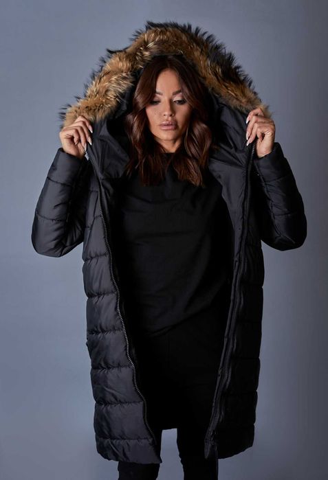 Дамско зимно яке с голяма яка от естествен косъм